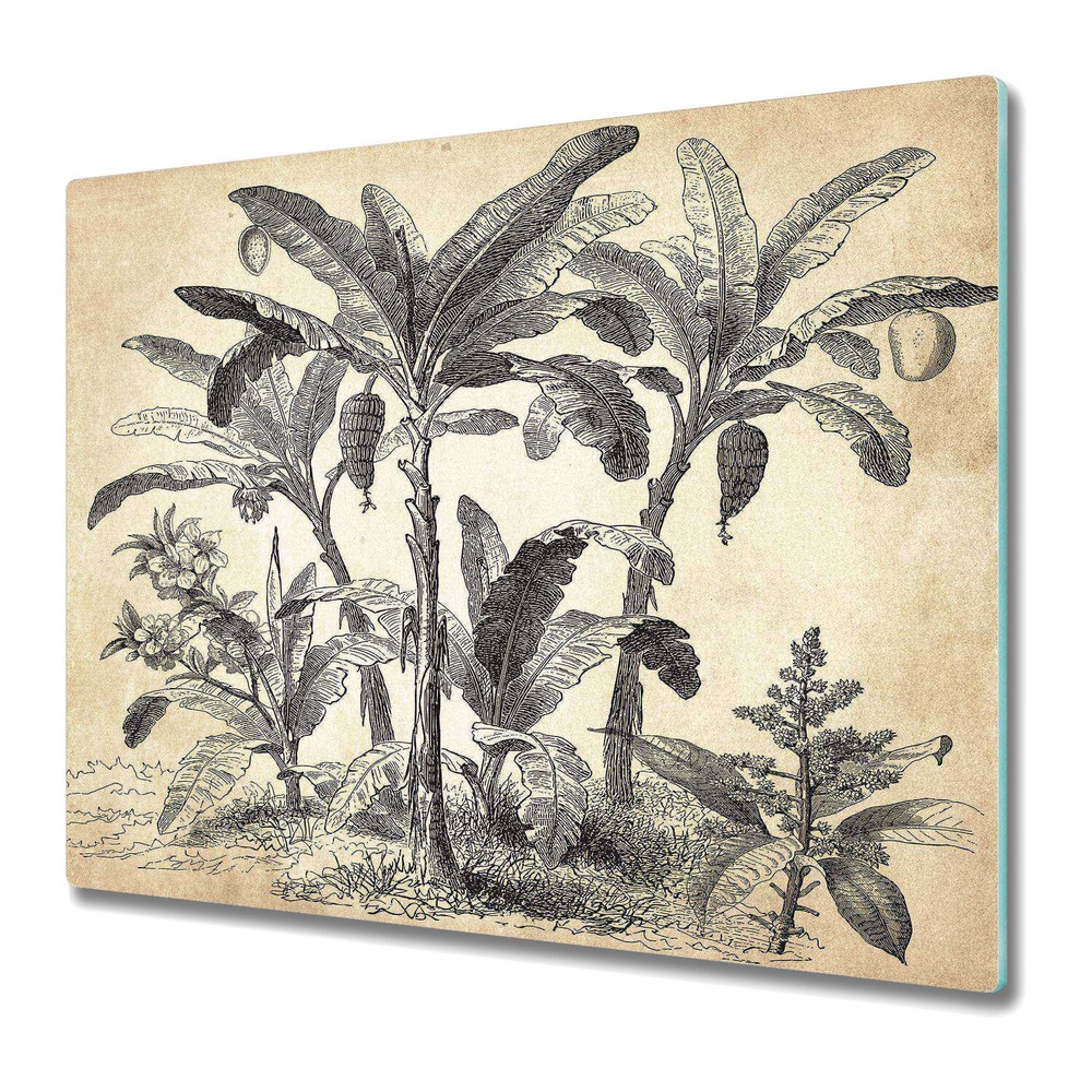 Glass Worktop Kitchen Chopping Board Vintage palms black and beige 60x52