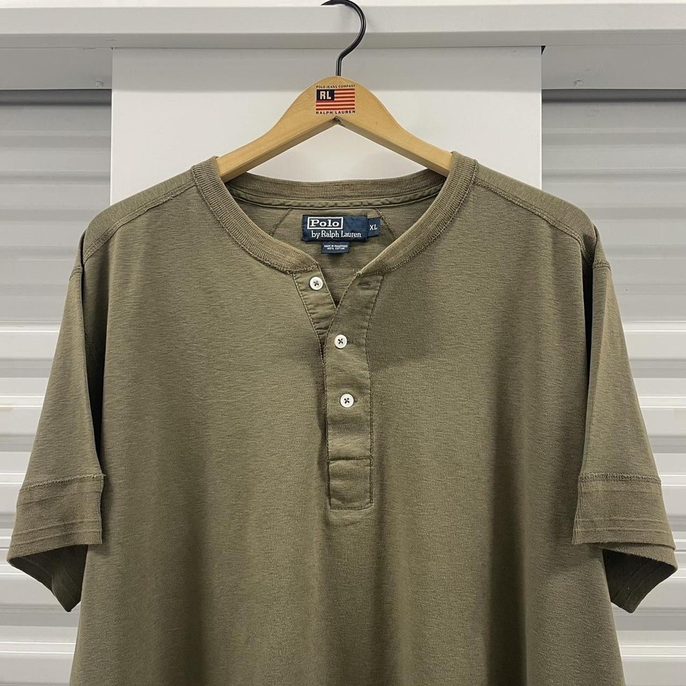 Vintage 90s Polo Ralph Lauren Olive Green Button Up Henley Tshirt XL