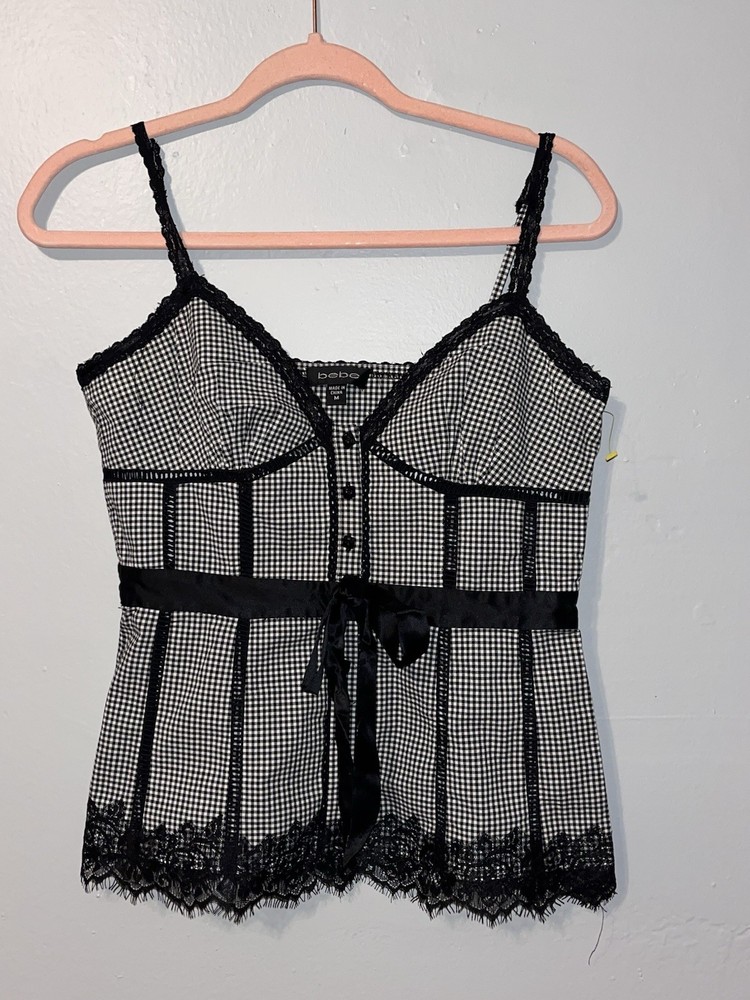 Bebe Black Lace Gingham Top Size M