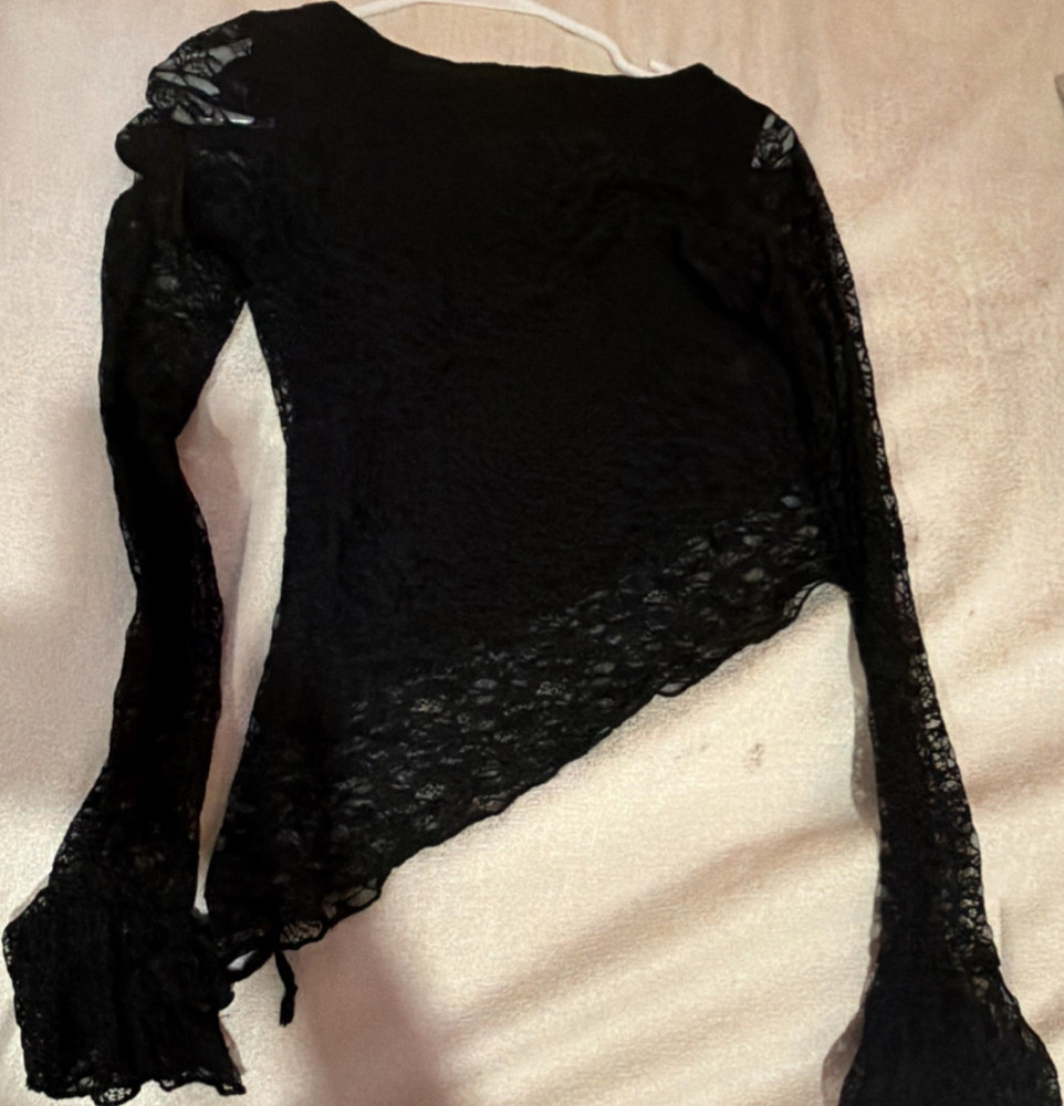 Black Lace Sheer Bell Sleeve Boat Neck Slim Cropped Women's Blouse