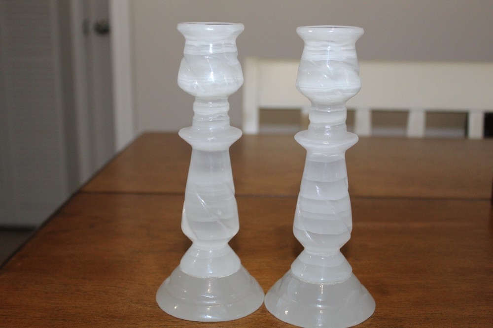 Vintage  Pair White Onyx Marble Alabaster Stone Carved Candlestick Holders