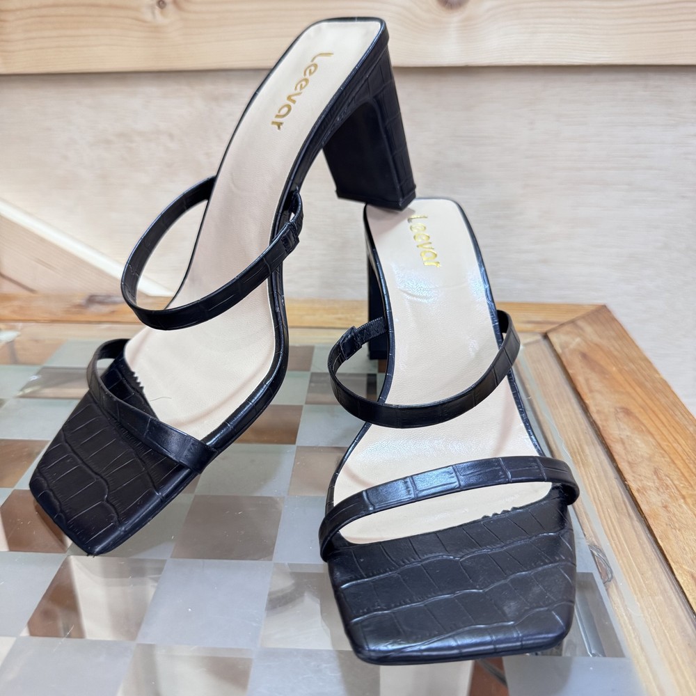 Leevár Women's Size 8.5 Strappy Croc Embossed Block Heel Dress Sandals