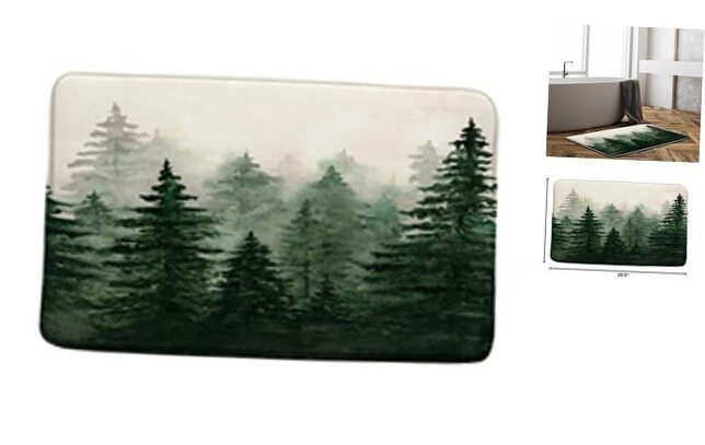 Eco-Friendly Green Watercolor Misty Forest Bath Mat with Pine Trees  -image