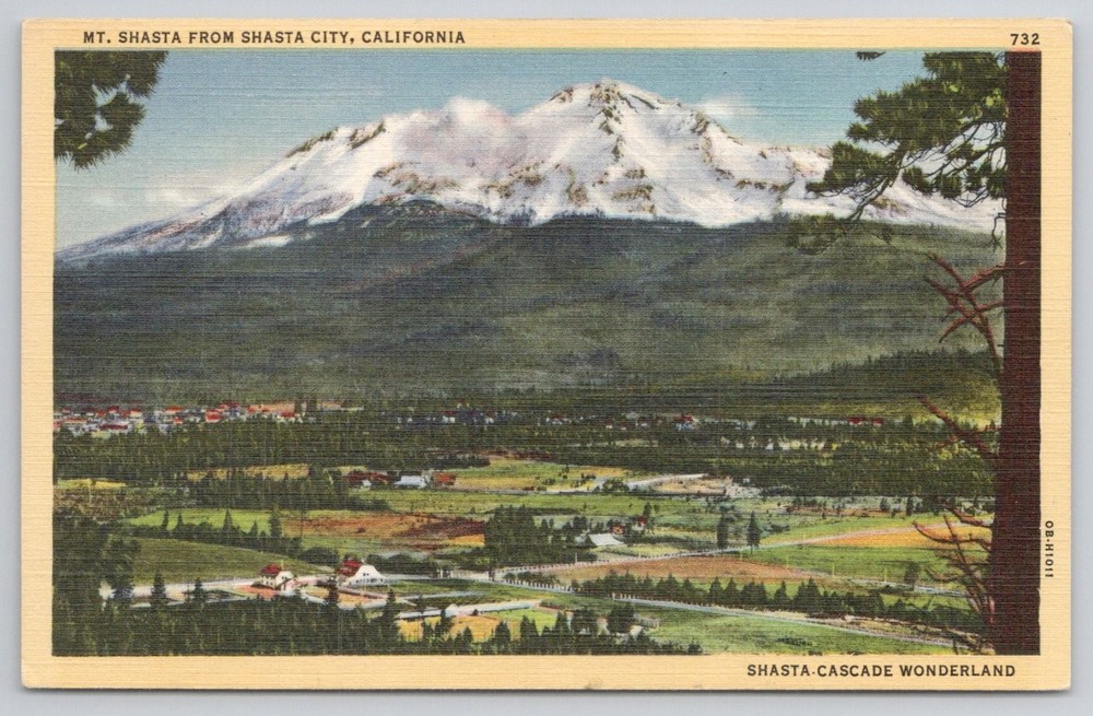 MT. SHASTA FROM SHASTA CITY, CALIFORNIA Vintage Postcard 1940s Linen