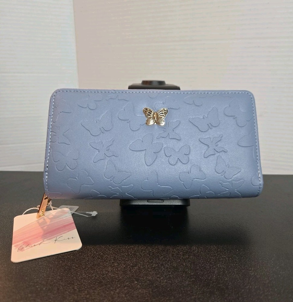 Blush Kiss Women's Blue Butterfly Embossed Double Zip Around Wallet