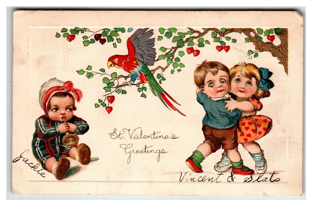 Vintage Embossed Valentine's Day Postcard Kids, Parrot & Hearts Winsch Back