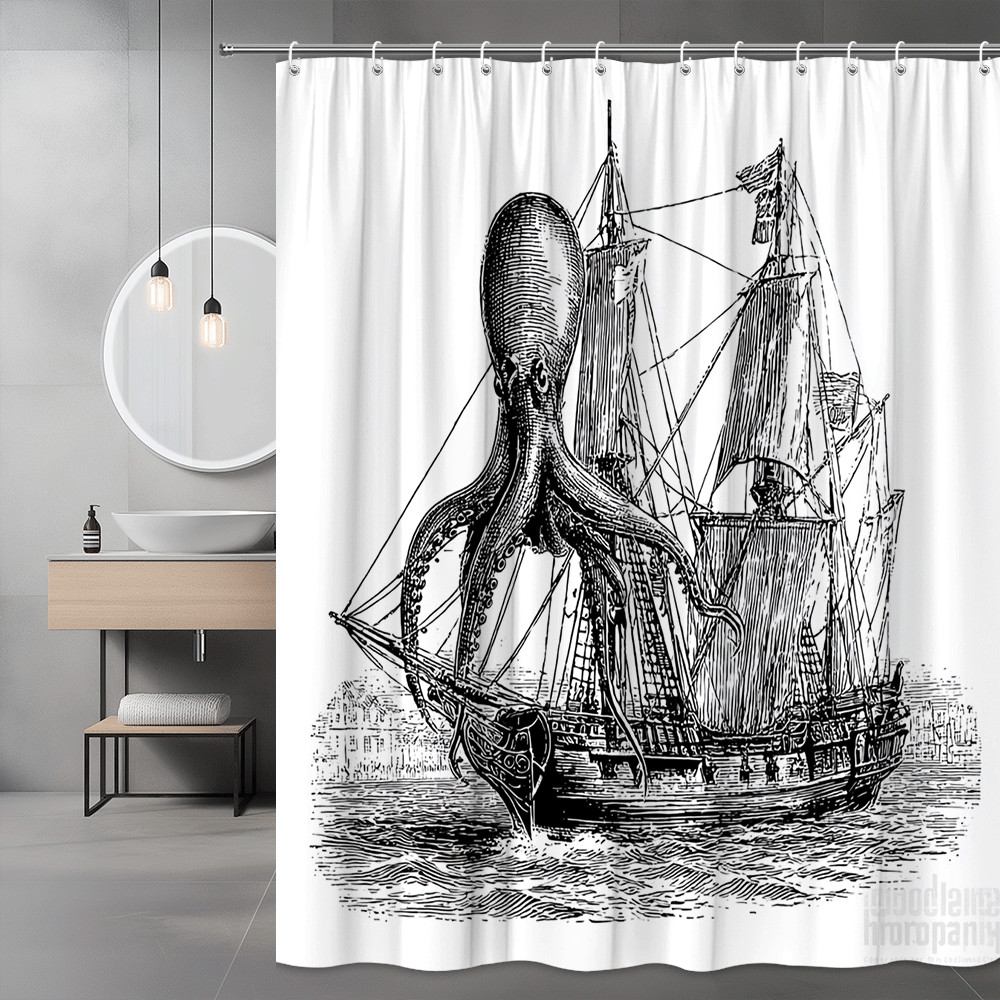 Octopus Ship Shower Curtain Black White Nautical Graphic