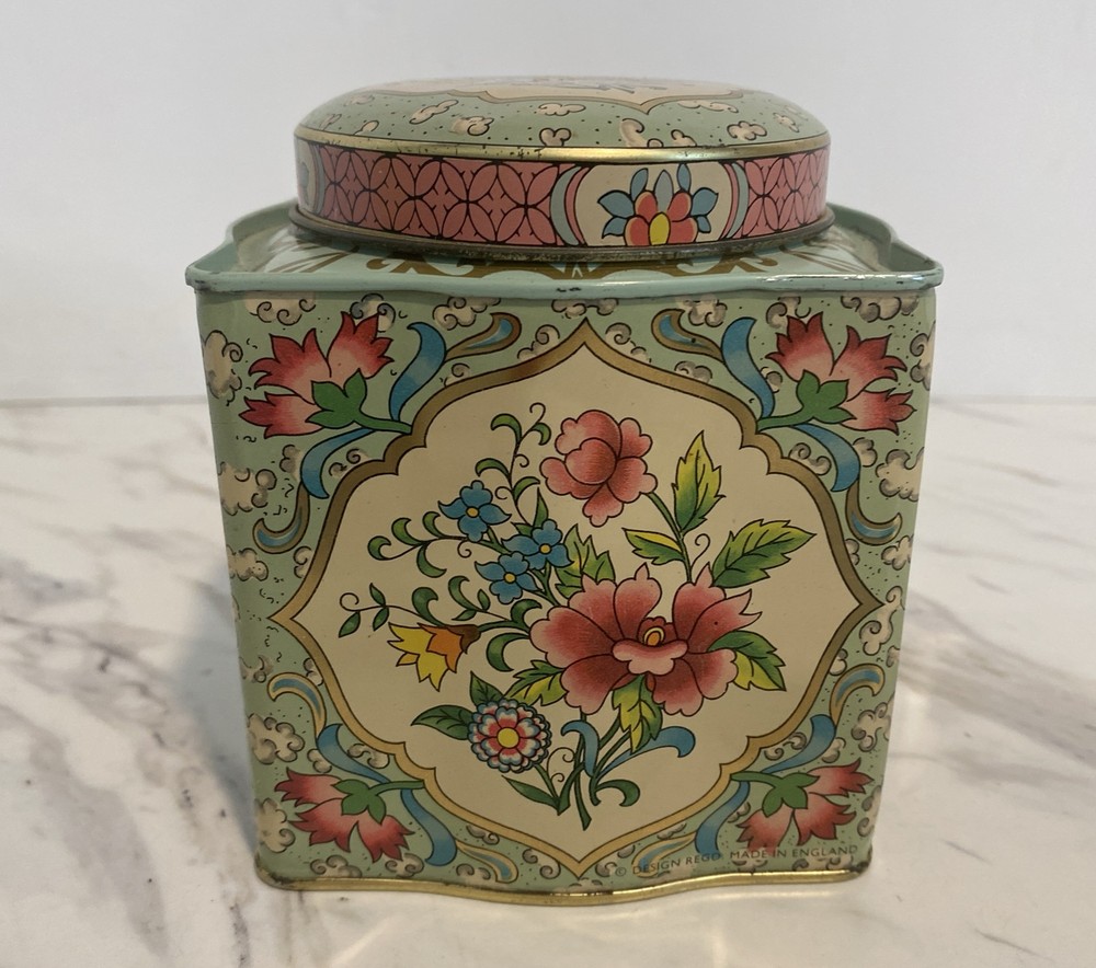 Tea Tin By DAHER Canister Container England Flowers Pink Blue Green Dahur