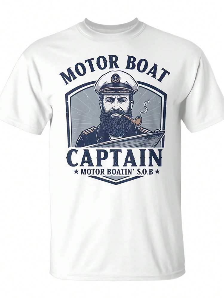 Men's Motor Boat Captain Graphic T-Shirt, Funny Boating Lake Casual Short Sleeve