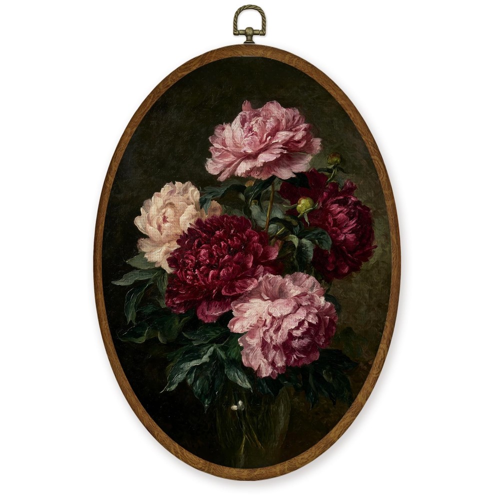 Vintage Peony Floral Wall Art Decor, Dark Cottagecore Floral Oval Framed Canv...