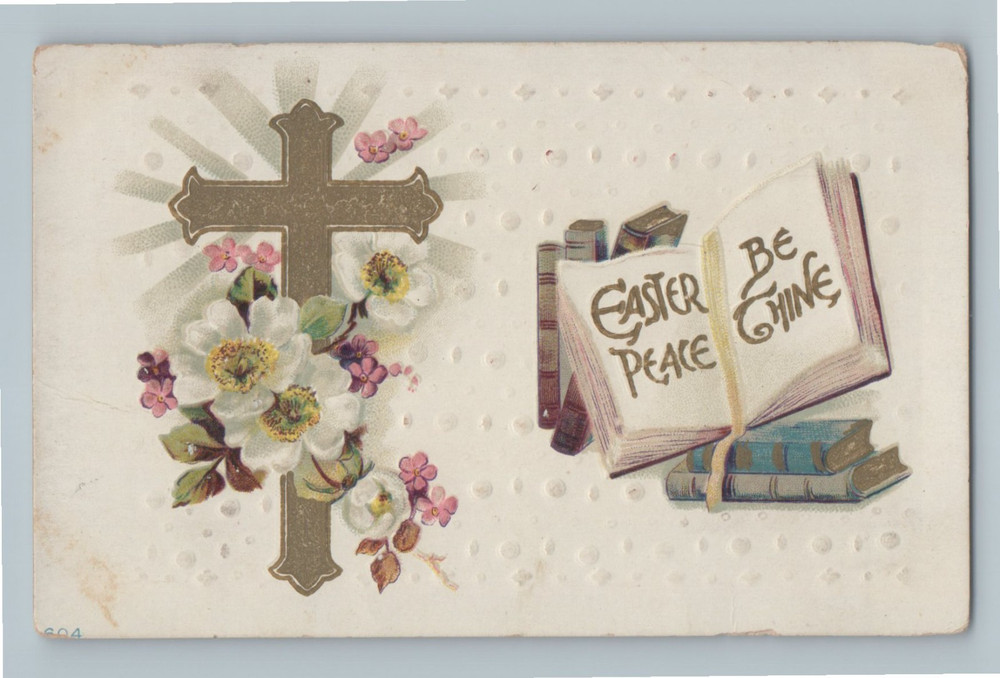 Easter Peace be Thine Gold Cross with Flowers Books Vintage Holiday Postcard K6