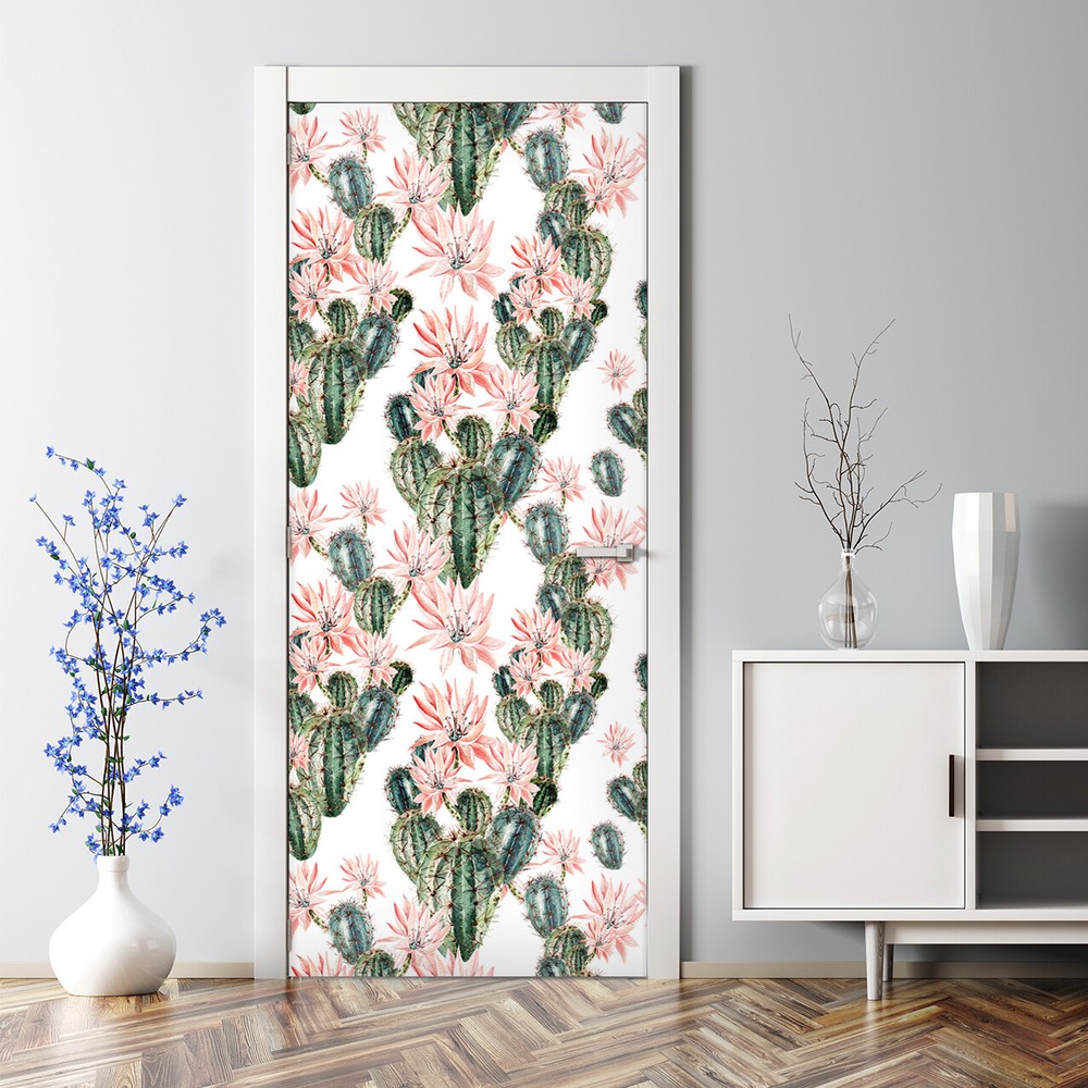 Pink opuntia Cactus Door Decal Bloom Floral Flowers wallpaper Bubble Free Decor