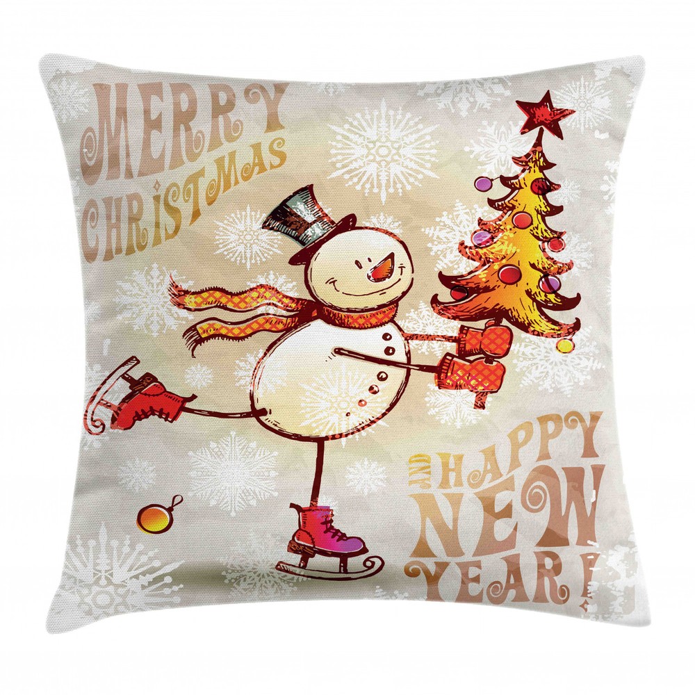Happy Snowman Skating Christmas Square Pillow Case Cover 16 Inches