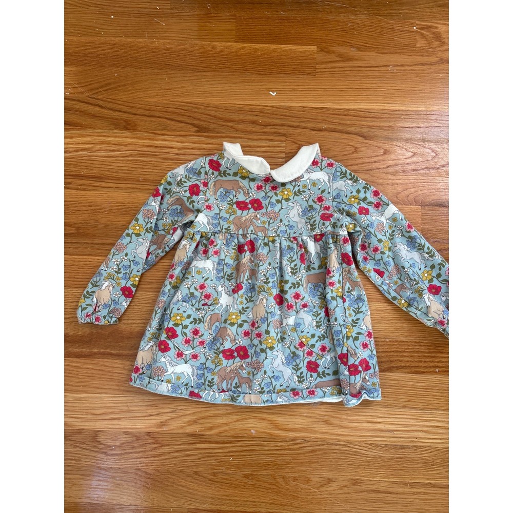 Mini Boden Girls Blue Floral Horse Print Jersey Dress Peter Pan Collar 4-5Y