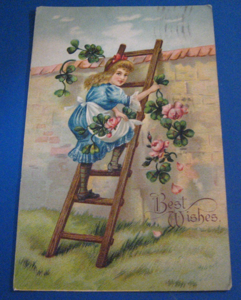 Antique Postcard Girl Picking Flowers Colorful Historic Scrapbooking Crafts