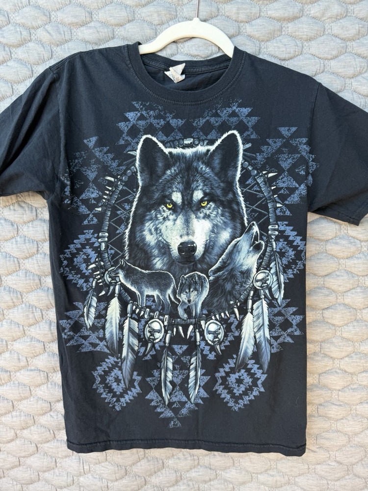Vintage Fruit Of The Loom Wolf Print Graphic T-Shirt Size Small