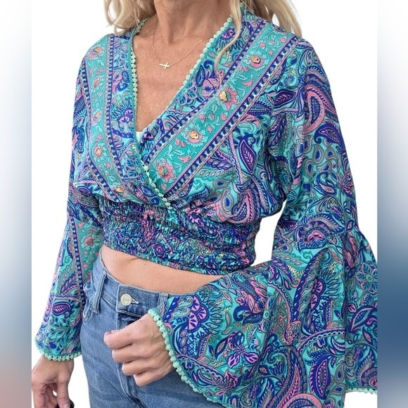Boho Paisley Art Silk Smocked Crop Top Bell Sleeve Indie Y2K 70s Hippie