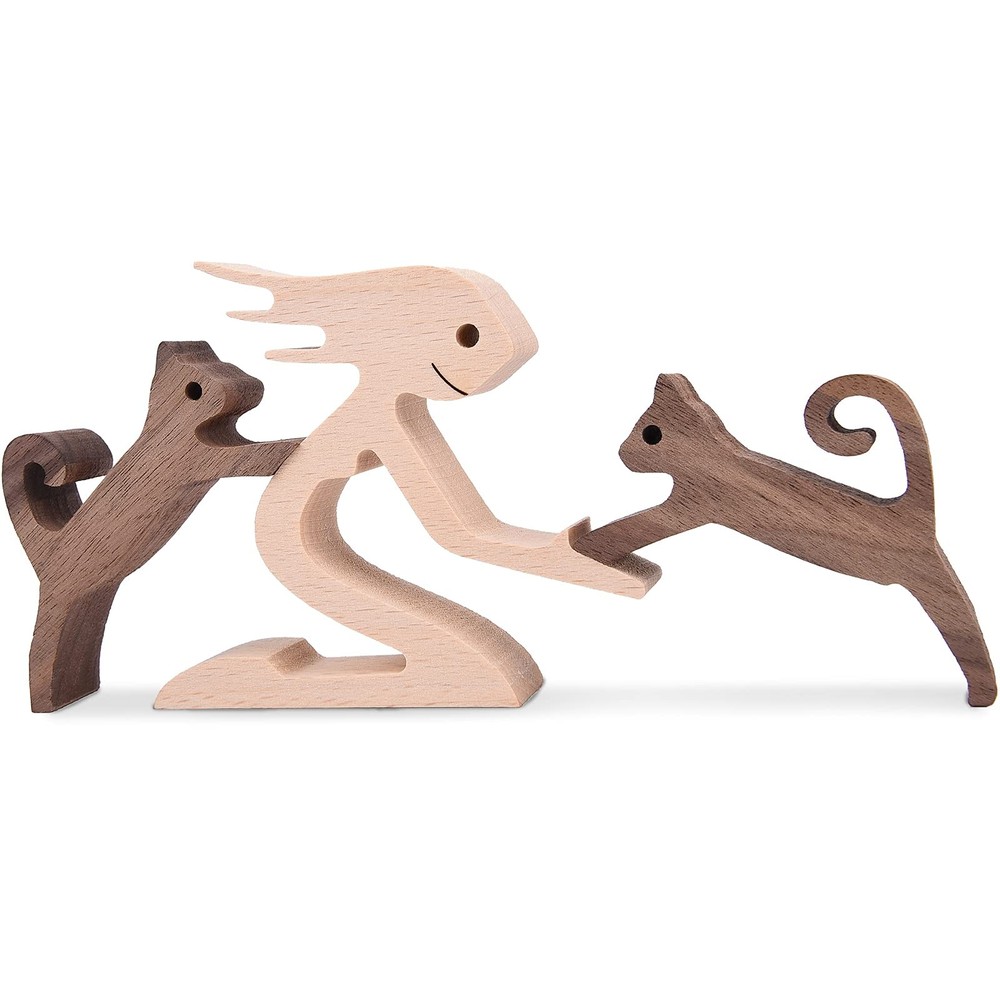 Woman and Cat Statue Wood Figurine Handcraft Kitty Ornament Home Decor Accents