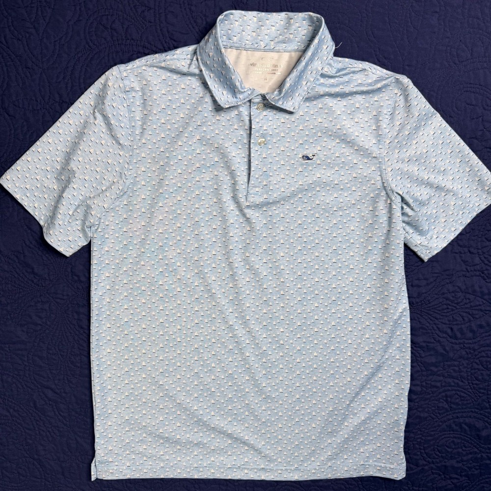 Vineyard Vines Boys Performance Polo Shirt Large (18) Blue Sailboat Short Sleeve