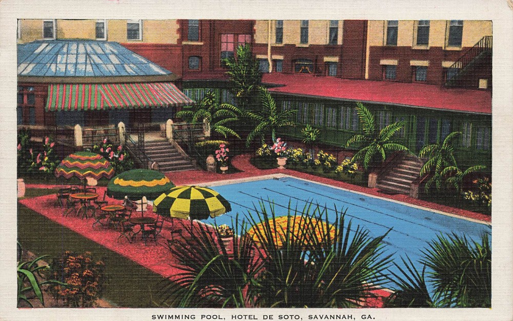 DE SOTO HOTEL SWIMMING POOL POSTCARD SAVANNAH GA GEORGIA 1930s