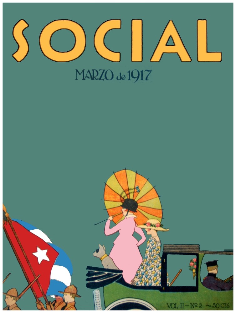 7829.Social.Woman riding in car umbrella and cuban flag.POSTER.art wall decor