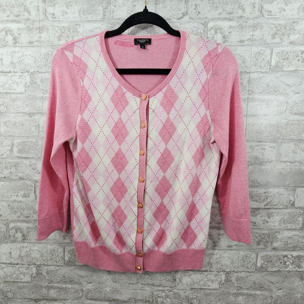 Talbots Womens PS Pink Diamond Argyle Lightweight Cardigan Sweater