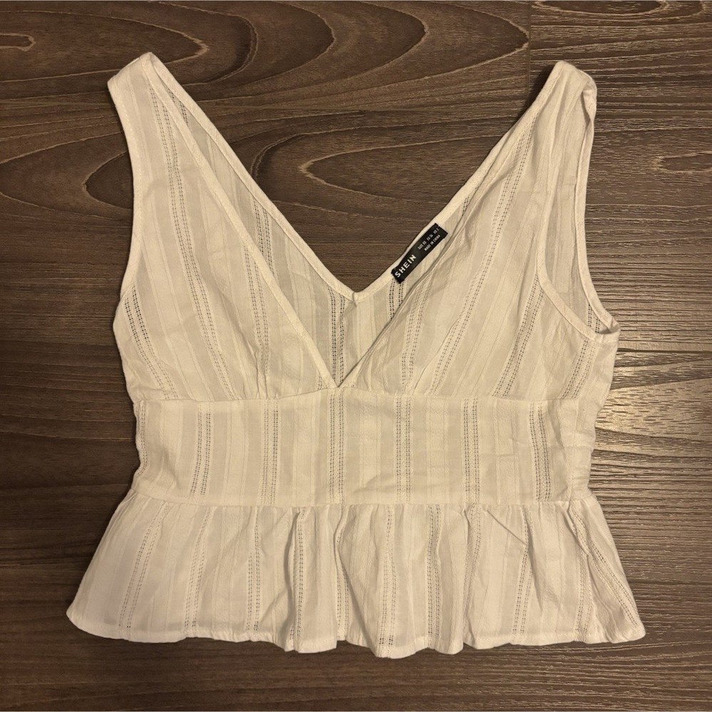 SHEIN Women’s White Striped V-Neck Sleeveless Ruffle Tank Top S
