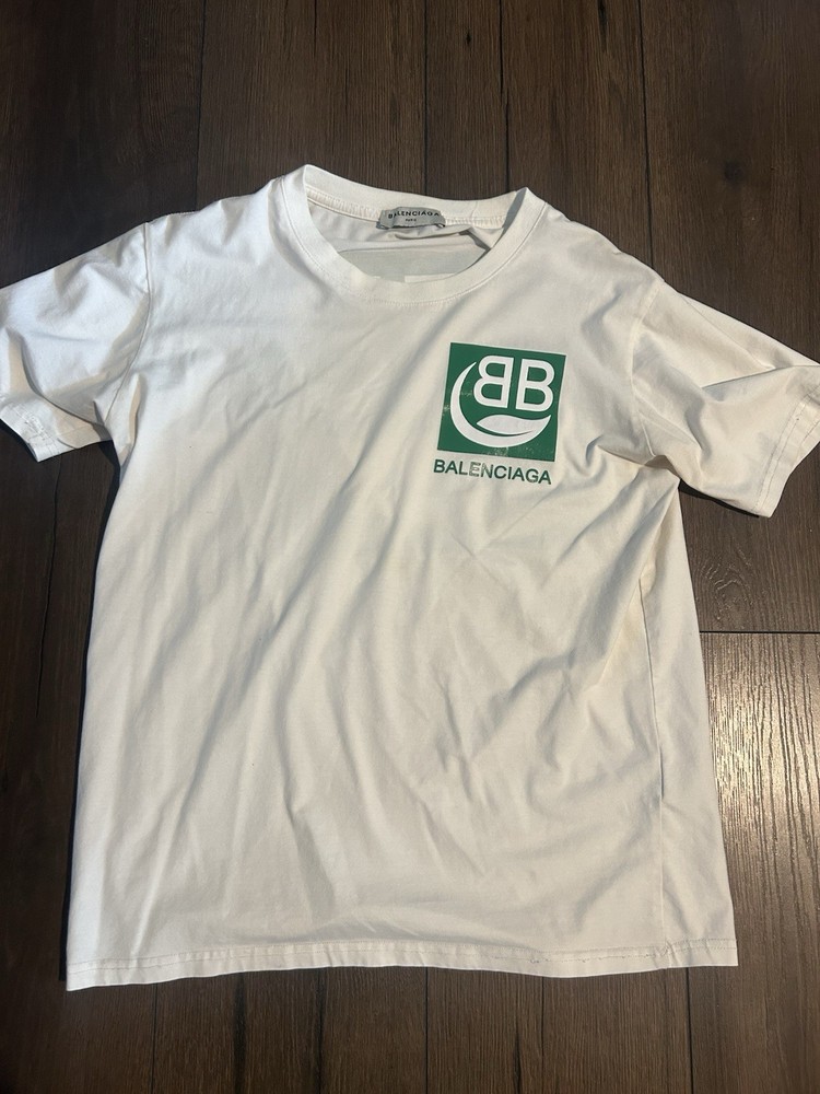 Balenca Green & White T-Shirt Size L Preowned 8/10 Condition