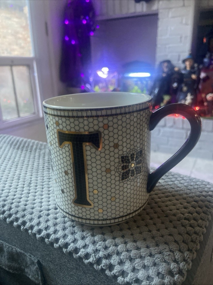 Anthropologie MUG Gold Black Mosaic Tile Letter “T” Initial Monogram Coffee 15oz