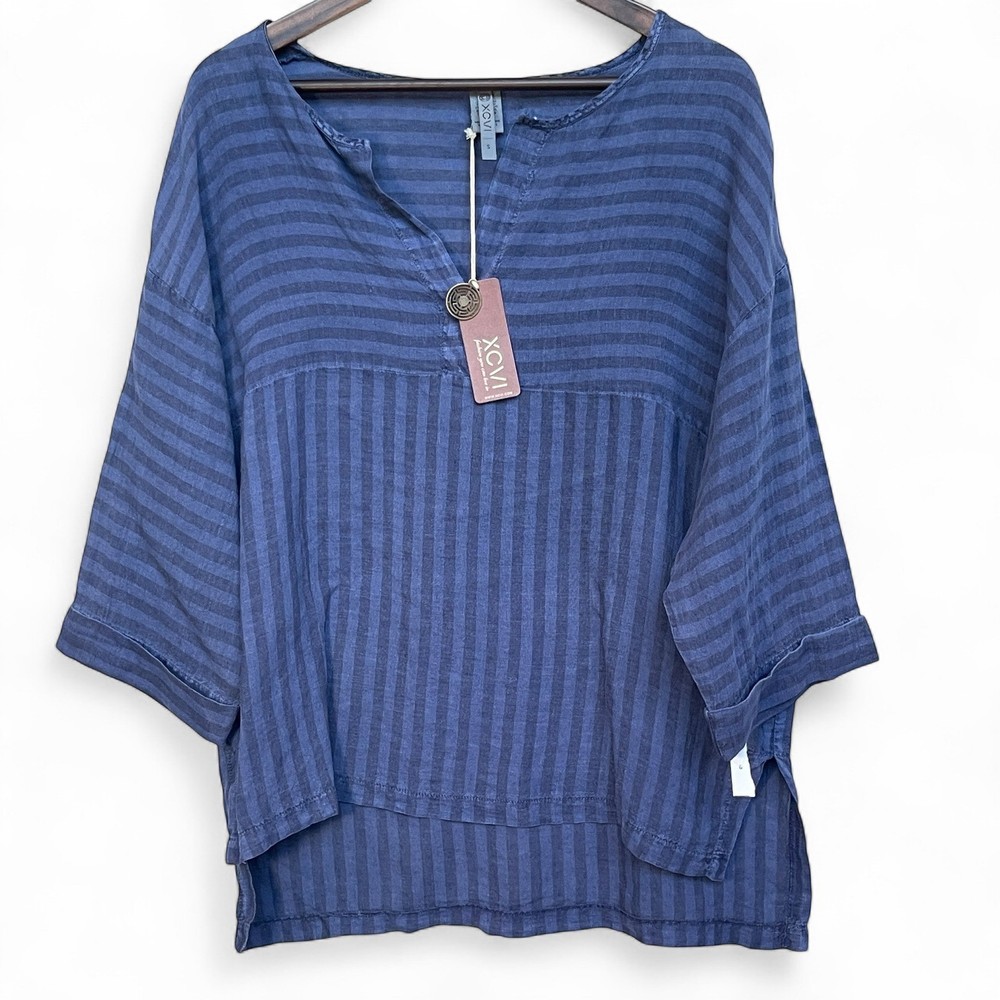 XCVI Womens Blue Striped 100% Linen Split Neck 3/4 Sleeve Tunic Top 13570 S