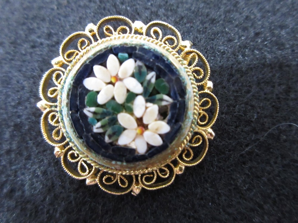 Vintage Micro-Mosaic Floral Goldtone Brooch, Italy, Minor Flaw, AS IS