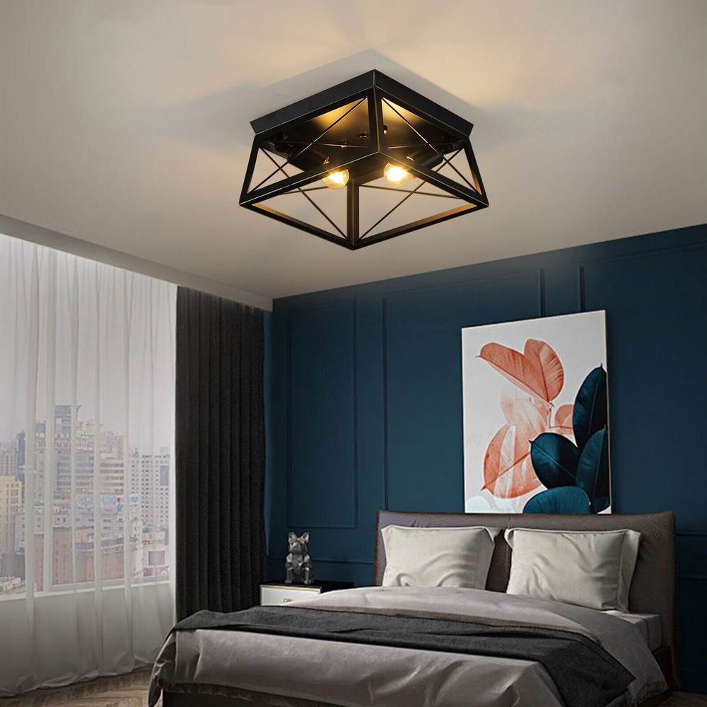 2-Light Ceiling Light Fixture Farmhouse Industrial Flush Mount Matte Black Lamp