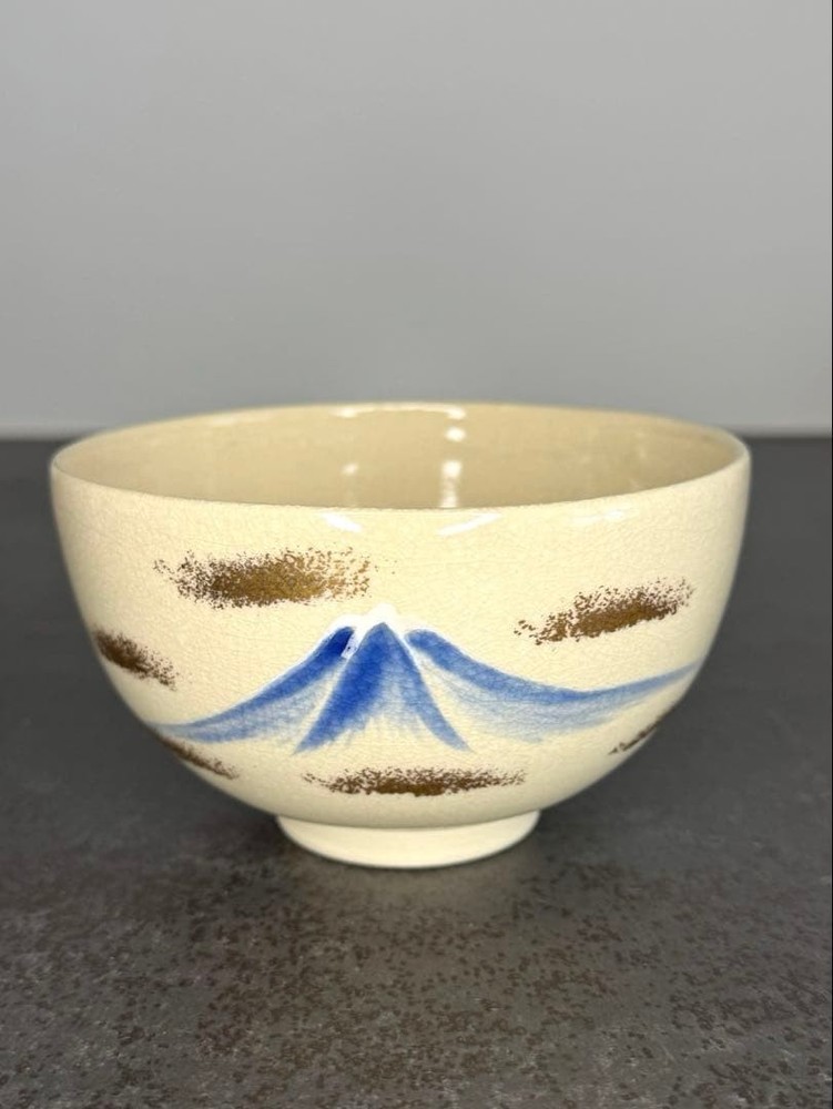 Kyoto Ware Matcha Bowl Blue Fuji Gold Decor Ceramic Seal Tea Utensils