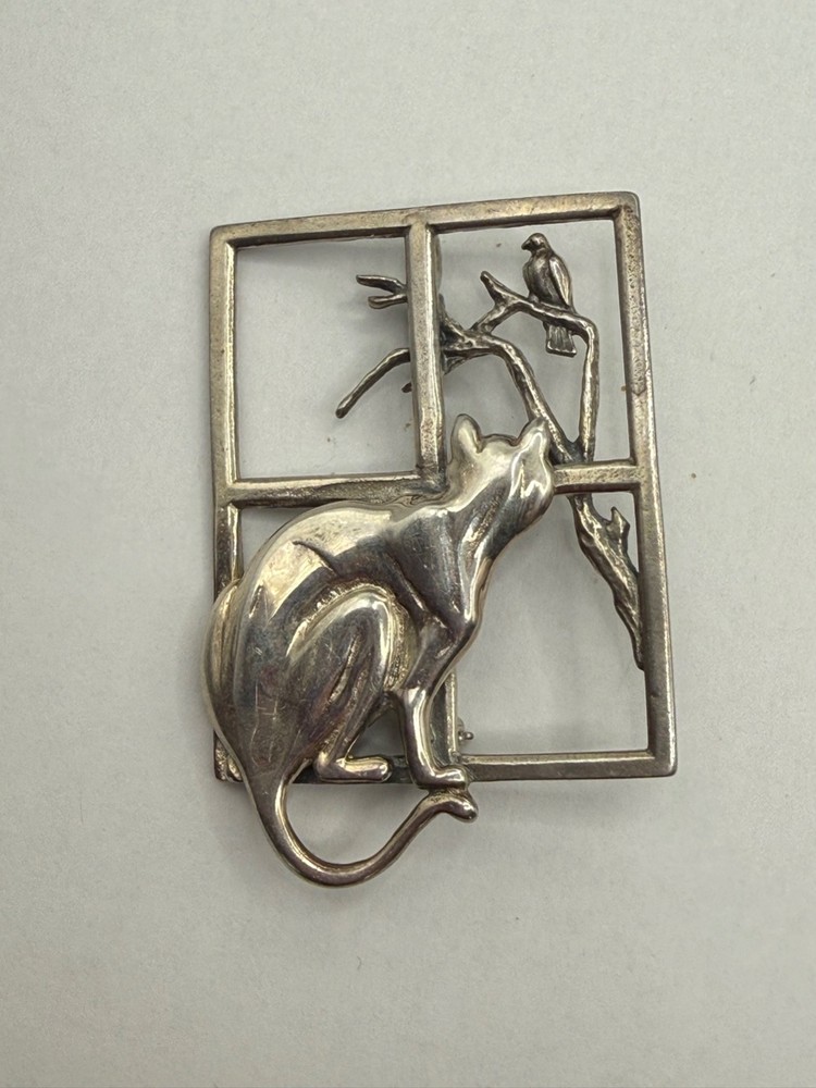 Signed MFA Museum of Fine Arts Sterling Silver Vintage Cat & Bird Pin Brooch