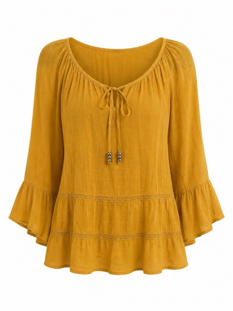 Spense Women’s Large Mustard Yellow Boho Peasant Blouse Bell Sleeve Lace Trim
