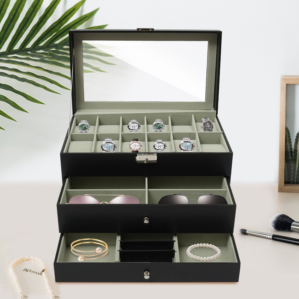 3-Tier Jewelry Organizer with Watch Storage and Display Case