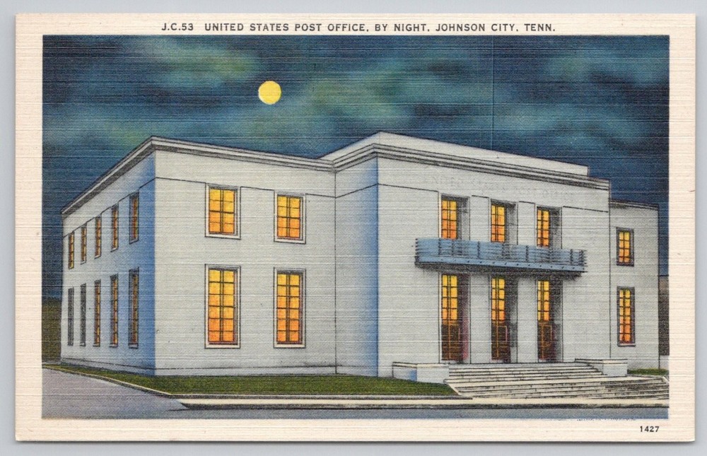 Johnson City TN Post Office By Night Linen Postcard Asheville PC Co.