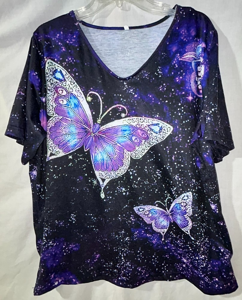 Unbranded Women's purple butterfly short sleeve v-neck t-shirt - size 2XL