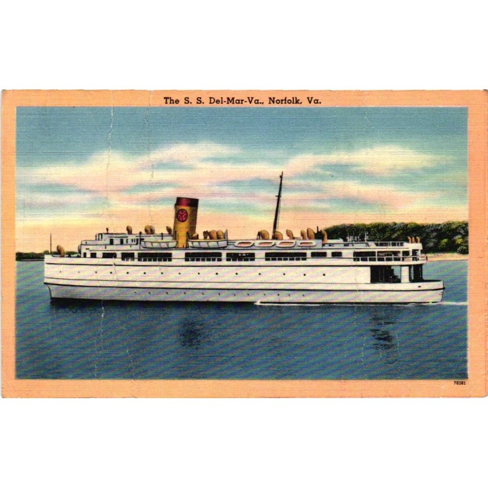 Vintage S. S. Del-Mar-Va Norfolk Virginia Ferry Tichnor Linen Postcard 1933 Ship