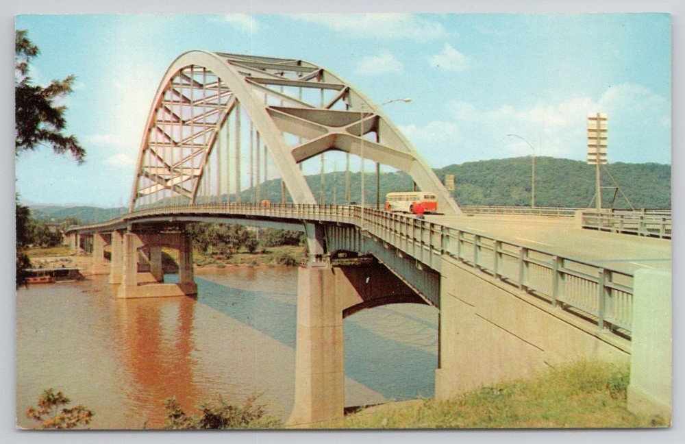 Fort Henry Bridge Wheeling WV Ohio River Vintage Chrome Postcard 1955