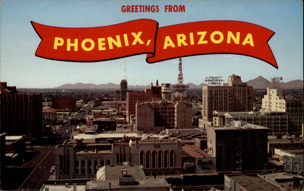 Arizona Phoenix Greetings from city aerial view ~ 1950s-60s postcard sku977