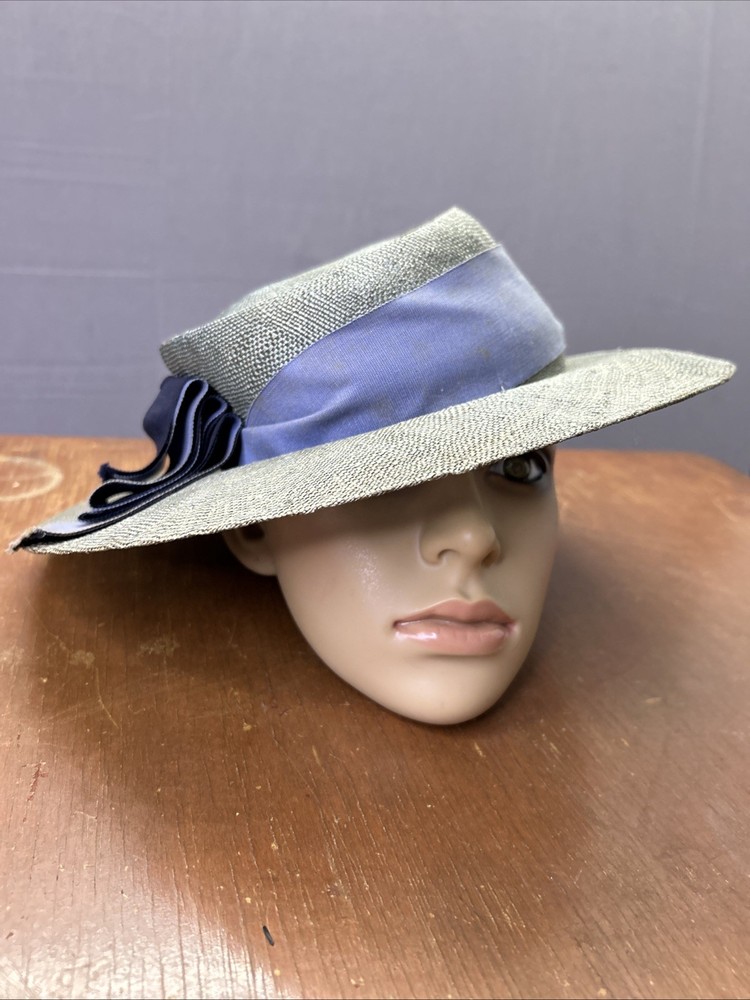 Vintage 1950s Wide Brim Straw Hat Blue Ribbon Bow Derby Garden Party