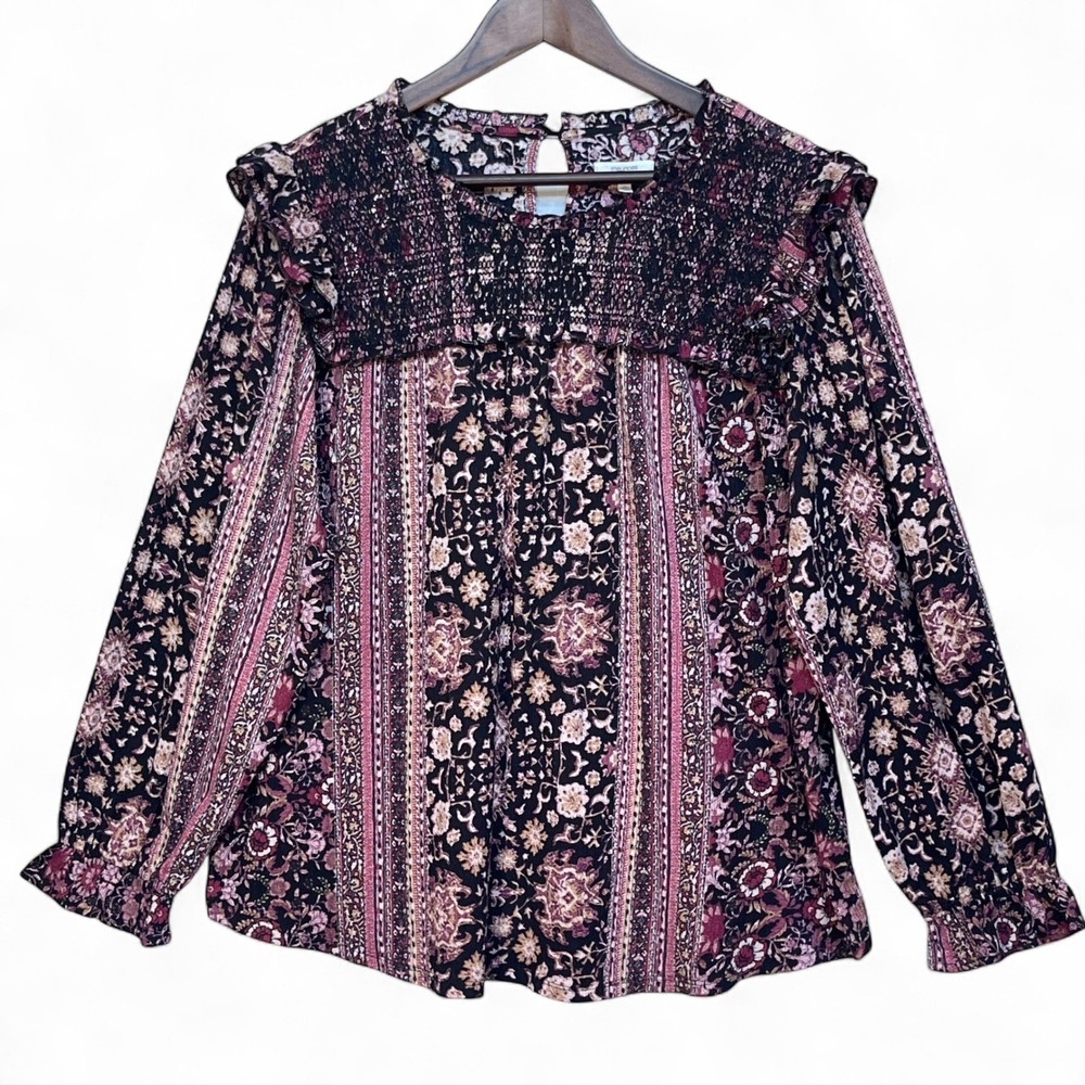 Maurices Womens XL Boho Floral Smocked Ruffle Long Sleeve Blouse Black Burgundy