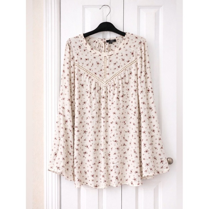 Boho Floral Blouse 2X Flowy Peasant Top Lightweight Cottagecore