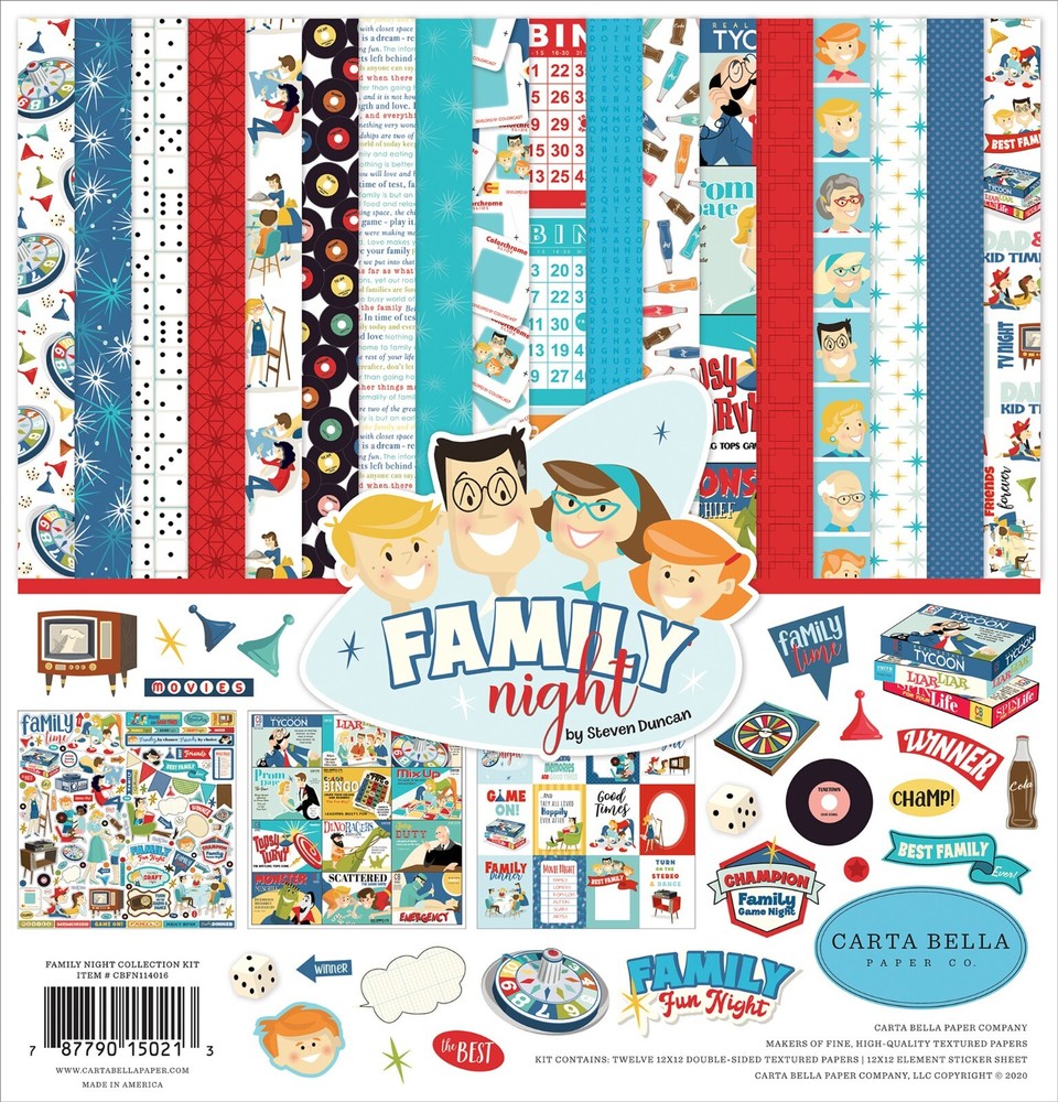Carta Bella FAMILY NIGHT 12x12 Colección Kit Juego Retro Steven Duncan Álbum de Recortes