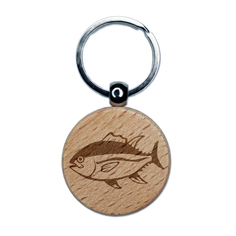Bluefin Tuna Fish Fishing Engraved Wood Round Keychain Tag Charm
