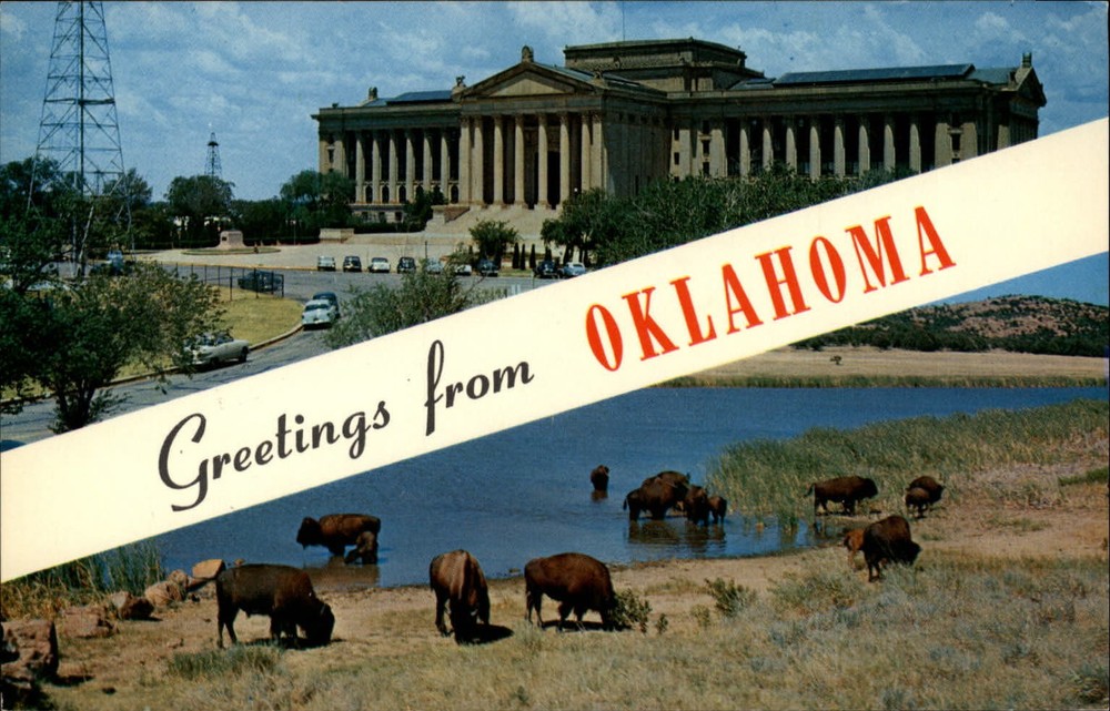 Greetings from Oklahoma ~ Oklahoma City ~ bison oil drilling rig ~ 1950s cars