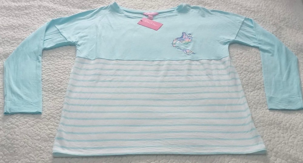 Lilly Pulitzer Finn Top Turquoise Stripes Mermaid Cotton Blend Size XS NWOT