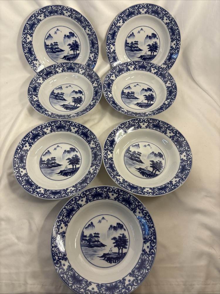 Canton Blue Bowls Blue & White Asian Garden Scene  8