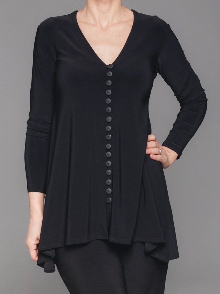 Sympli Black Duo Diva Tunic Top Buttons V Neck Blouse Flowy Women’s Size 12